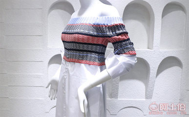 2017明星同款時(shí)尚氣質(zhì)露肩一字領(lǐng)撞色條紋針織拼接襯衫裙