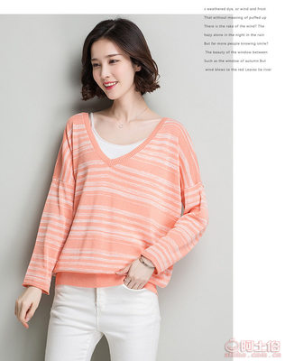 2017春裝新款 韓版條紋V領(lǐng)寬松針織衫，時(shí)尚百搭之選